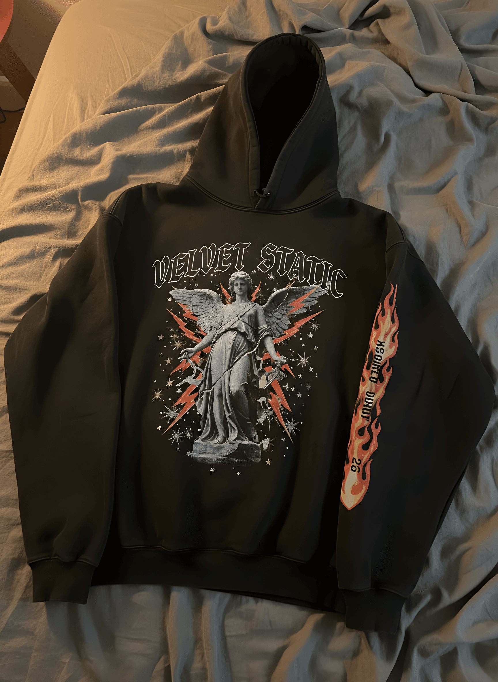 amateur phone photo of the velvet static hoodie laid on the floor — the input