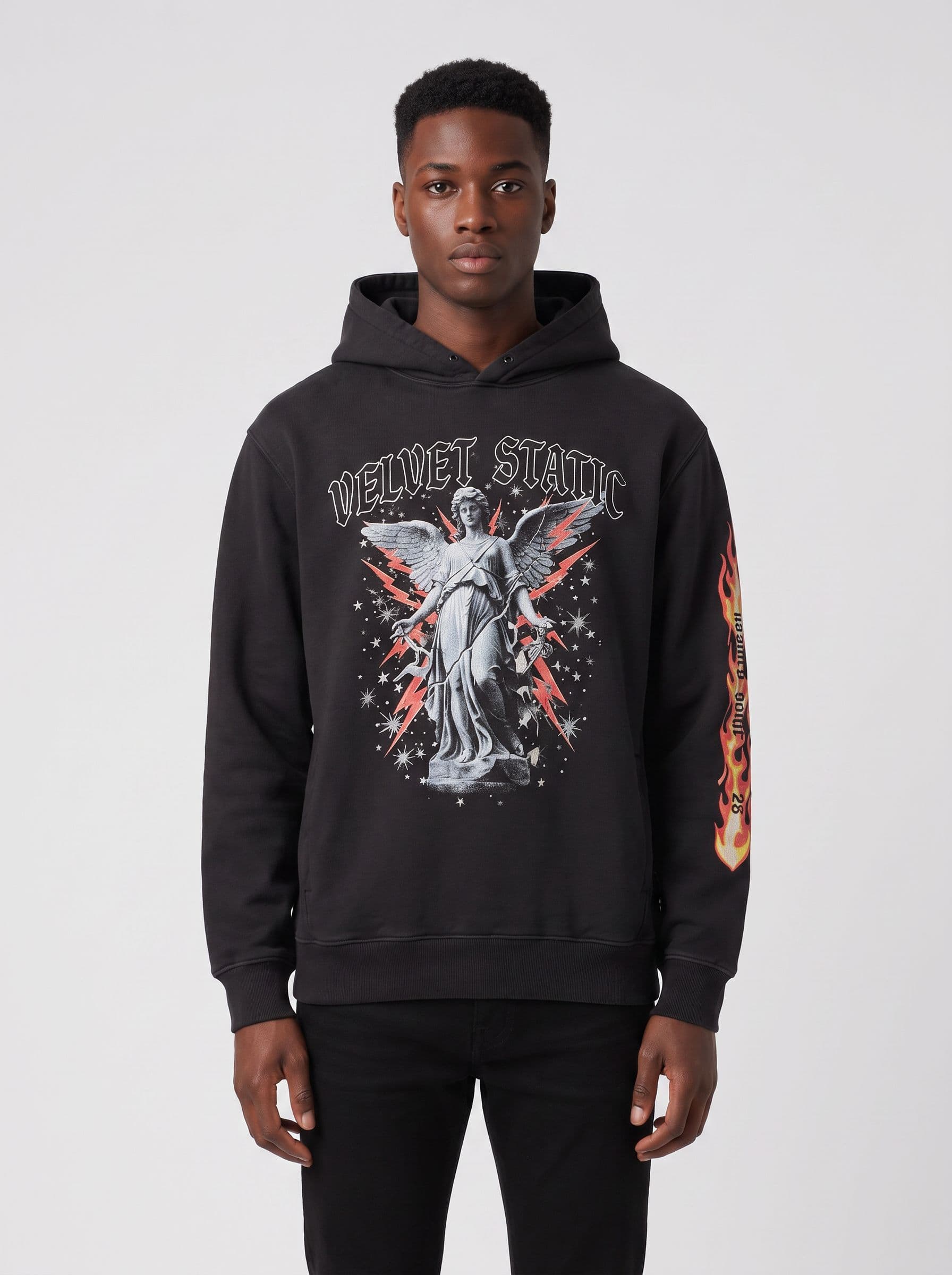 AI model photo of the velvet static hoodie — studio front on house model marcus, generated by unworn
