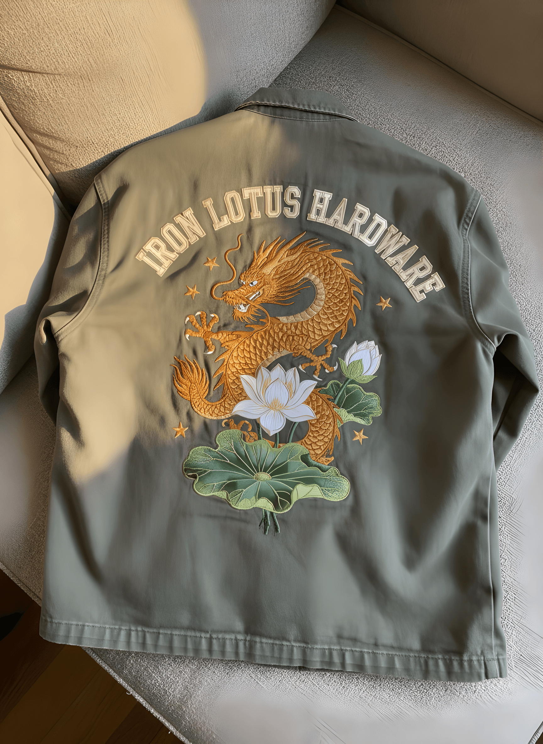 amateur phone photo of the iron lotus jacket laid on the floor — the input