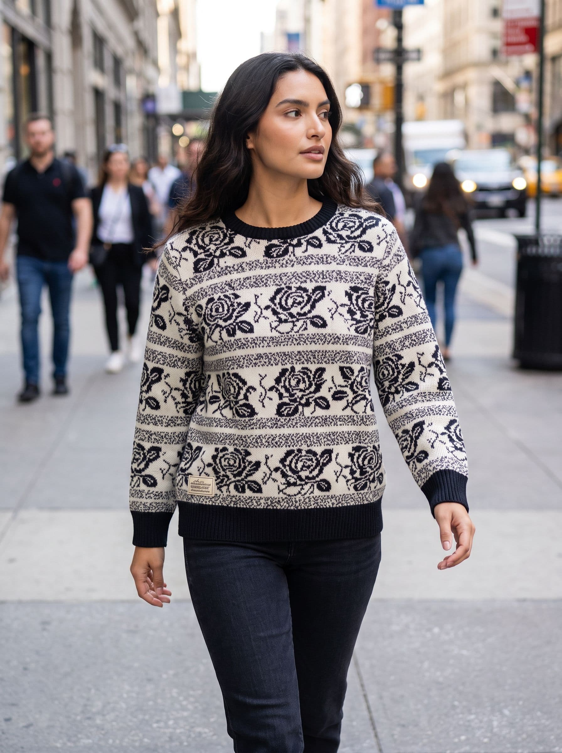 AI model photo of the static bloom knit — street candid on house model sofia, generated by unworn