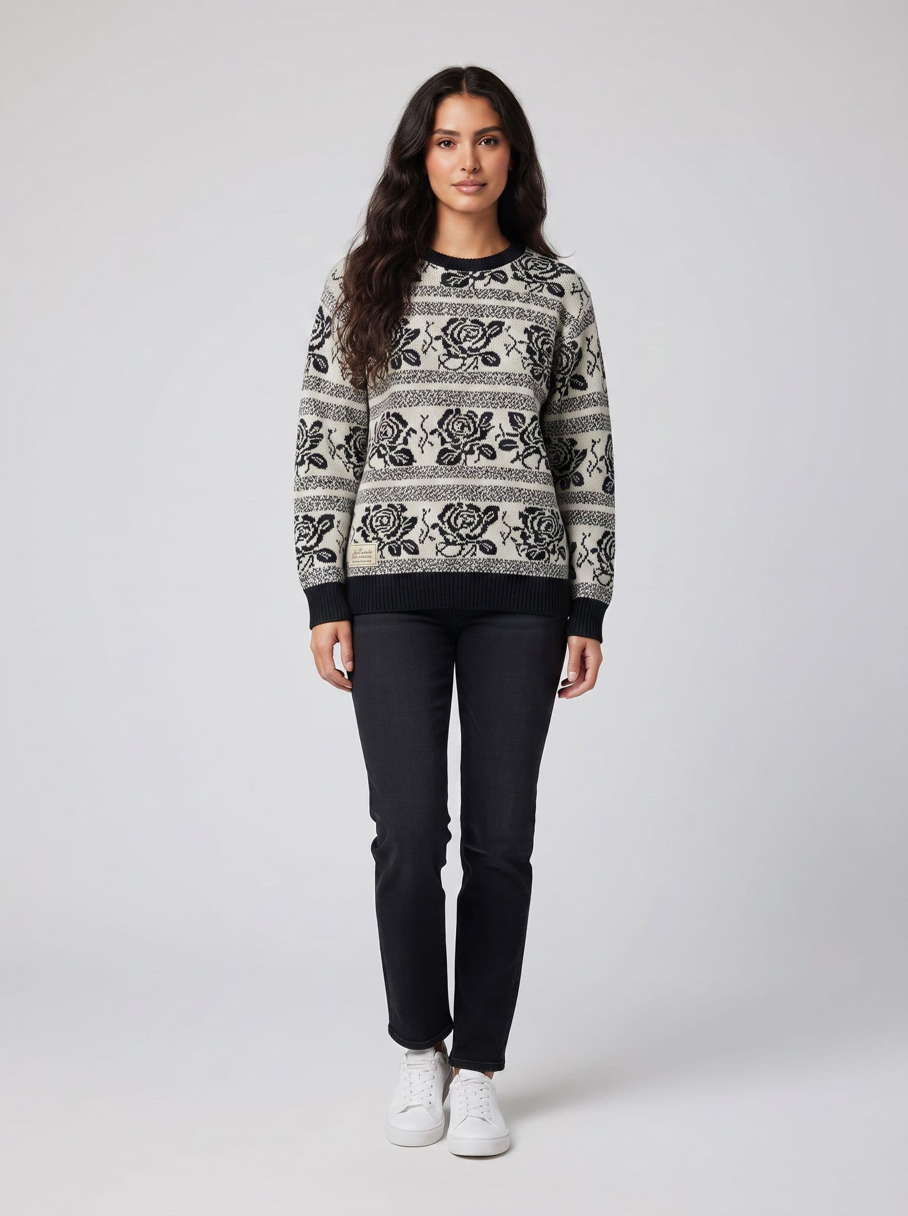 AI model photo of the static bloom knit — studio front on house model sofia, generated by unworn