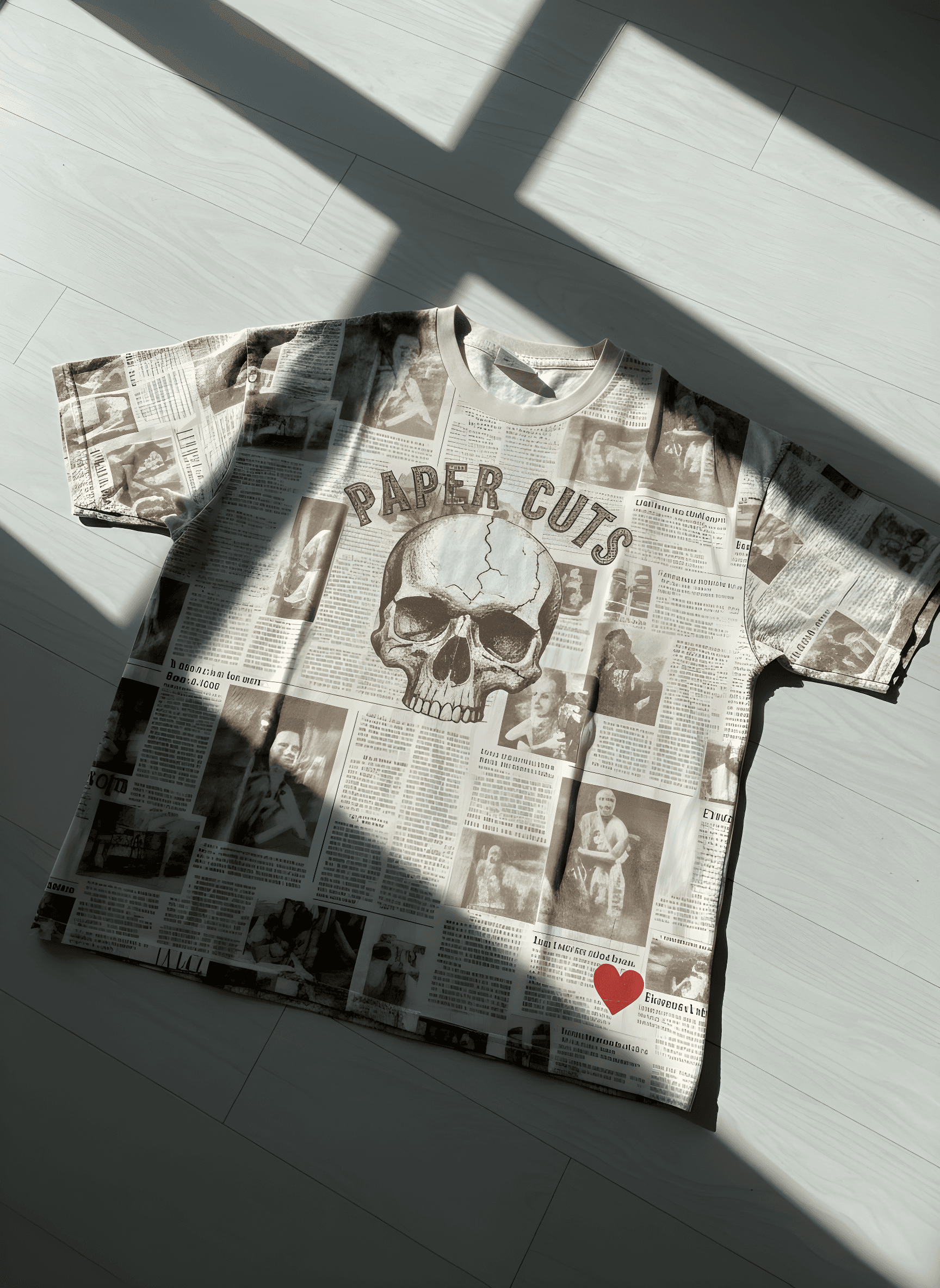 amateur phone photo of the paper cuts tee laid on the floor — the input