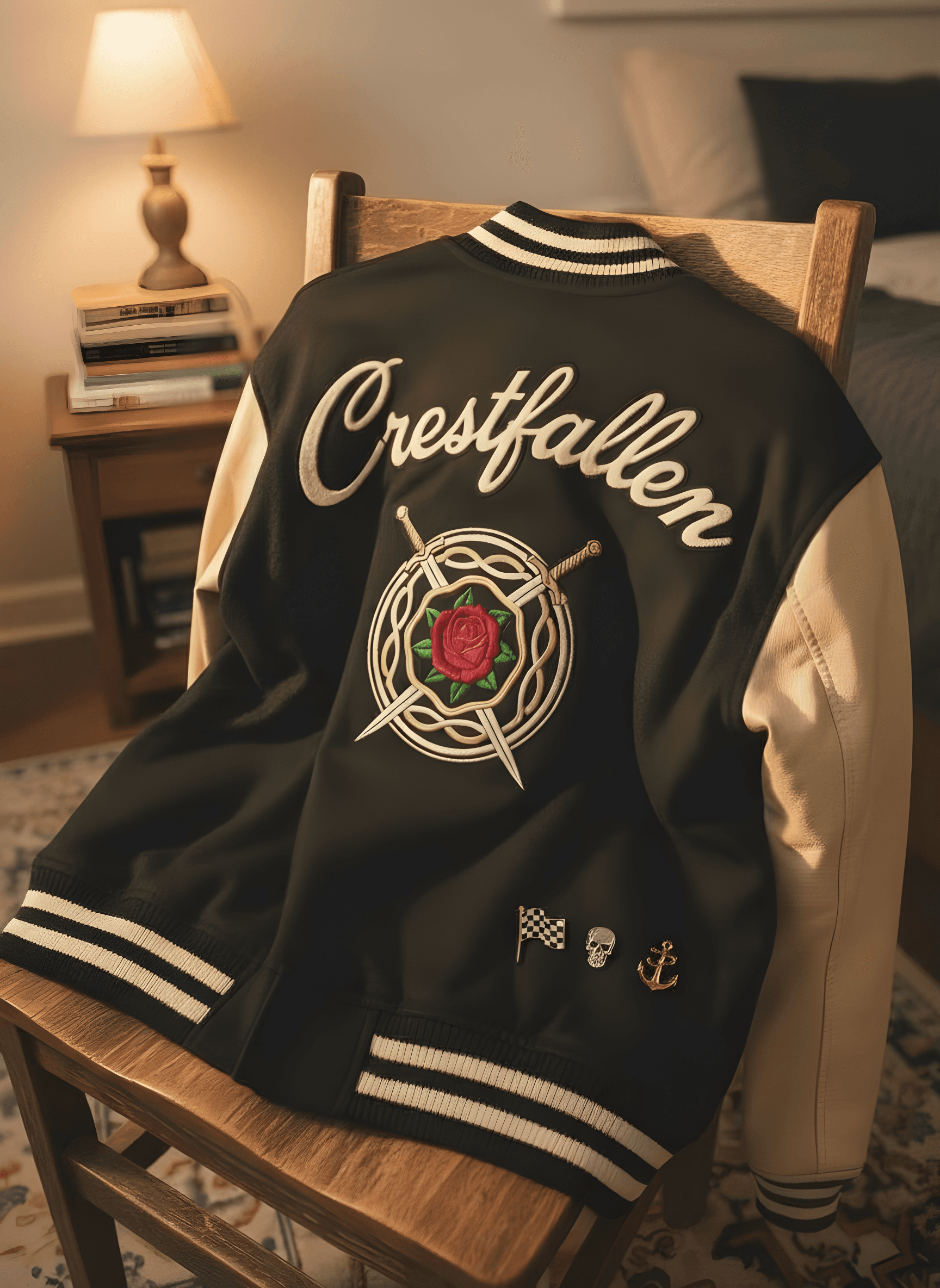 amateur phone photo of the crestfallen varsity laid on the floor — the input