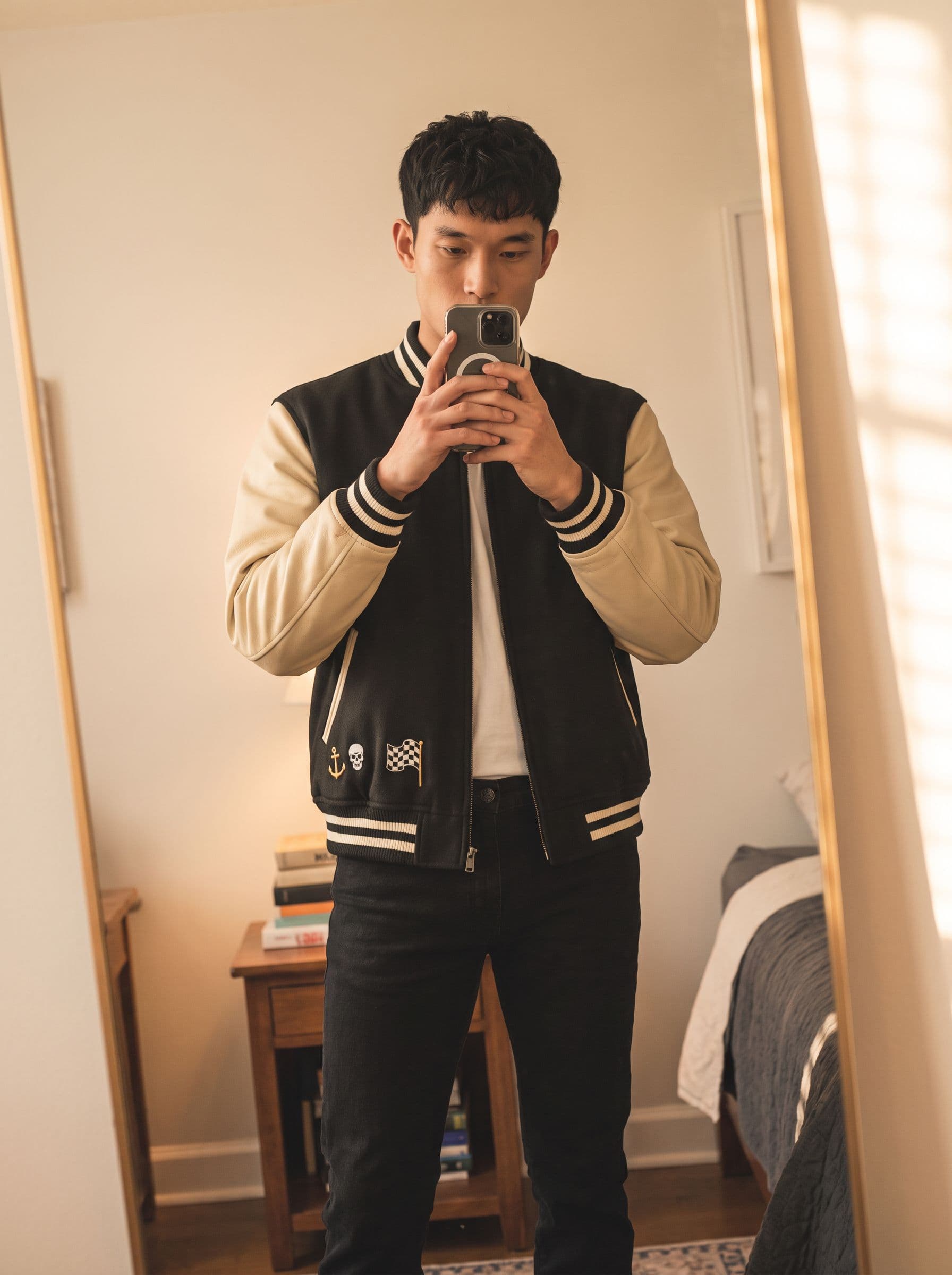 AI model photo of the crestfallen varsity — mirror fit-pic on house model jin, generated by unworn