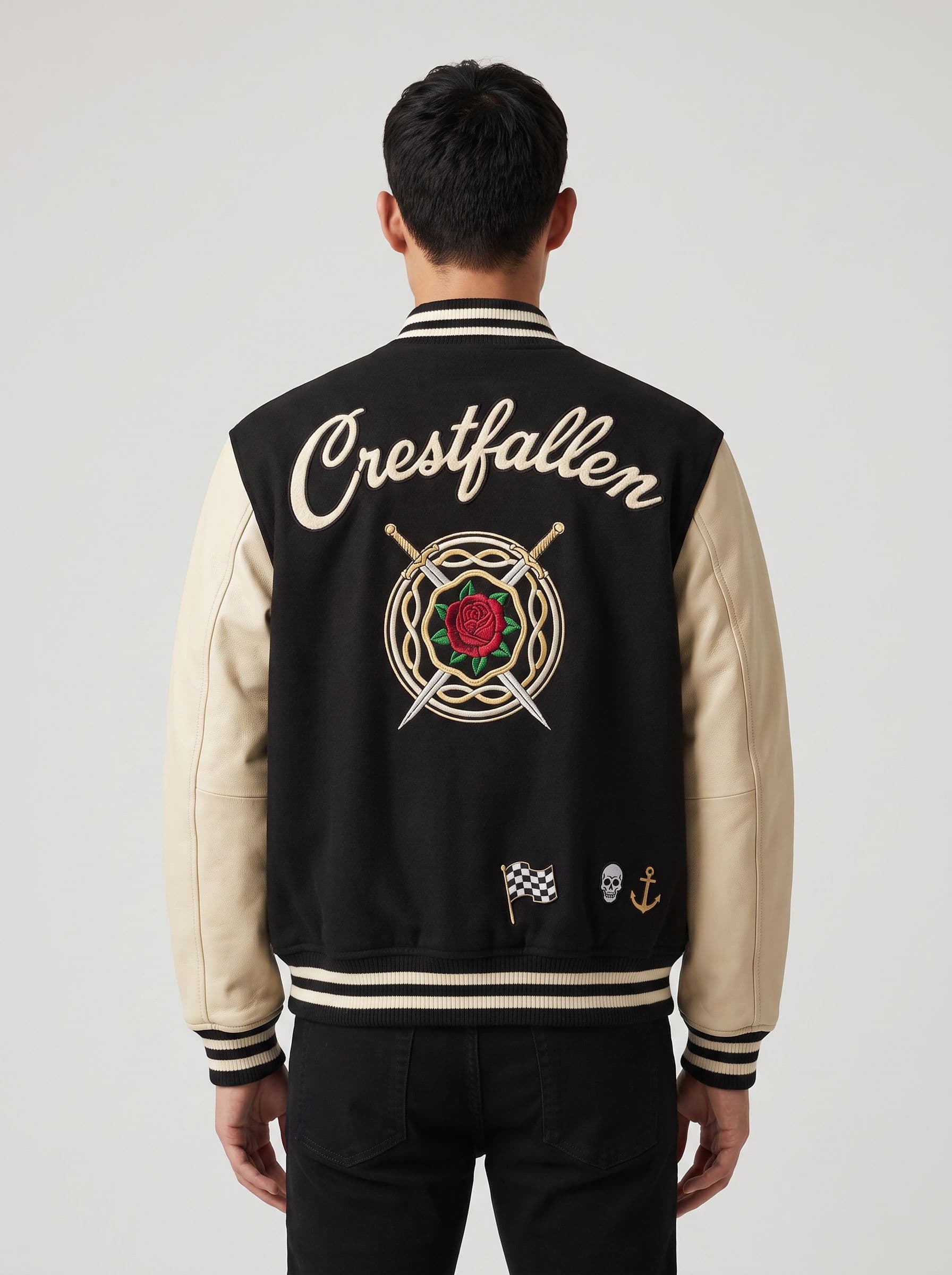 AI model photo of the crestfallen varsity — studio back on house model jin, generated by unworn